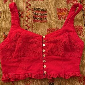 Red Lace Button-Up Crop Top
